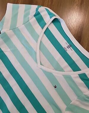 Vintage 90s Tommy Hilfiger White Green Colorblock Striped Tee Cotton Size M